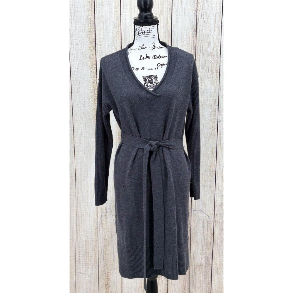 Sundance 100% Cashmere Sweater Dress Medium Gray Belted V-Neck Long Sleeve